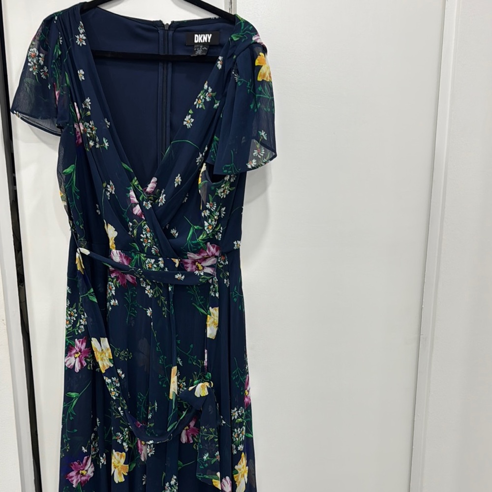 DKNY Blue and Pink Maxi Dress with Flutter Sleeves
